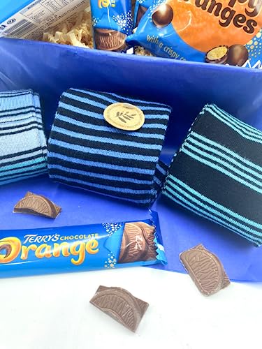 Terry's Orange Chocolate with Socks Gift Box for Men by Inside the Box Gifts - Gift Set for Men: Blue Striped Bamboo Socks and Tempting Terry's Chocolate Orange Treats