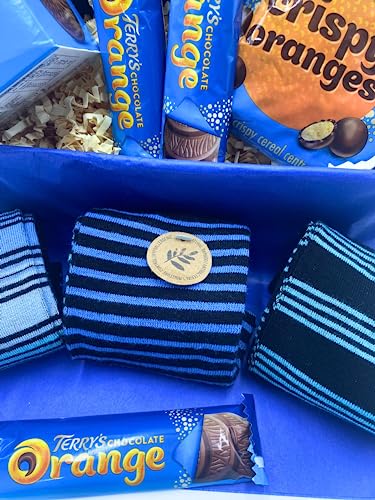 Terry's Orange Chocolate with Socks Gift Box for Men by Inside the Box Gifts - Gift Set for Men: Blue Striped Bamboo Socks and Tempting Terry's Chocolate Orange Treats