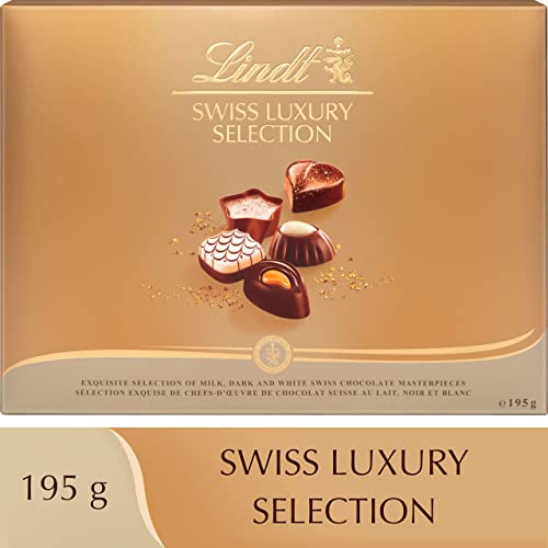 Lindt Swiss Luxury Selection - 19 Assorted Milk, White and Dark Chocolate Box Medium, 195 g - Gift Present or Sharing Box - for Him and Her - Easter, Birthday, Congratulations, Thank you