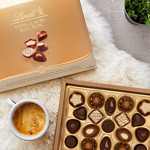 Lindt Swiss Luxury Selection - 19 Assorted Milk, White and Dark Chocolate Box Medium, 195 g - Gift Present or Sharing Box - for Him and Her - Easter, Birthday, Congratulations, Thank you