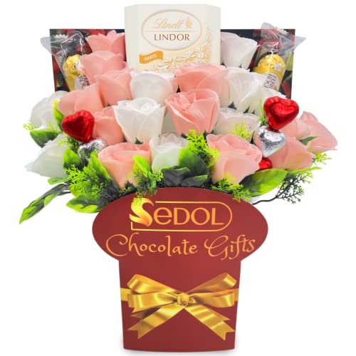 Lindt Lindor Chocolate Gift Bouquet with Ferrero Rocher, Heart Chocolates, Pink & White Roses - Flowers and Chocolates - Birthday Anniversary Chocolate Gifts for Her (Lindt White Chocolate)
