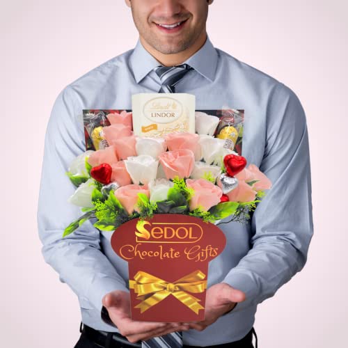 Lindt Lindor Chocolate Gift Bouquet with Ferrero Rocher, Heart Chocolates, Pink & White Roses - Flowers and Chocolates - Birthday Anniversary Chocolate Gifts for Her (Lindt White Chocolate)