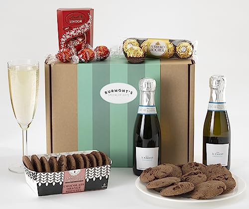 Prosecco & Chocolate Hamper - Two Small Prosecco, Lindt Lindor Chocolates, Ferrero Rocher & Premium Chocolate Chip Biscuits - Hamper Exclusive To Burmont's