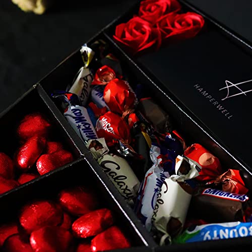 Celebrations Signature Chocolate Bouquet With Red Roses, Chocolate Foiled Hearts, Large Malteser Chocolate Bar & More in a luxury Presentation Hamper Box