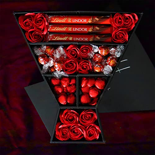 Lindt Lindor Signature Chocolate Hamper With Red Roses, Chocolate Truffles, Lindt Lindor Chocolate Bars & More in a Luxury Presentation Box