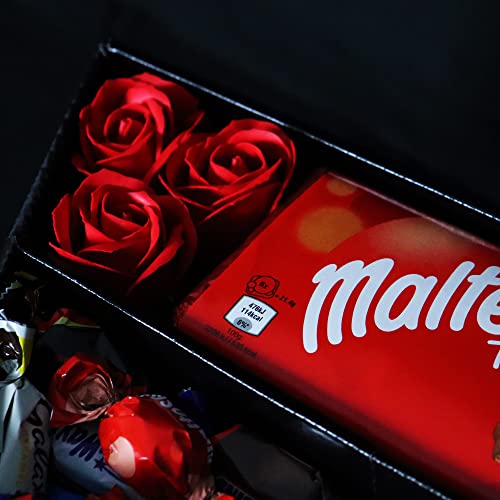 Celebrations Signature Chocolate Bouquet With Red Roses, Chocolate Foiled Hearts, Large Malteser Chocolate Bar & More in a luxury Presentation Hamper Box