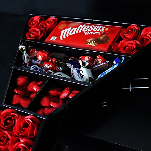 Celebrations Signature Chocolate Bouquet With Red Roses, Chocolate Foiled Hearts, Large Malteser Chocolate Bar & More in a luxury Presentation Hamper Box