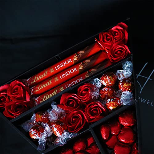 Lindt Lindor Signature Chocolate Hamper With Red Roses, Chocolate Truffles, Lindt Lindor Chocolate Bars & More in a Luxury Presentation Box