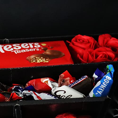Celebrations Signature Chocolate Bouquet With Red Roses, Chocolate Foiled Hearts, Large Malteser Chocolate Bar & More in a luxury Presentation Hamper Box