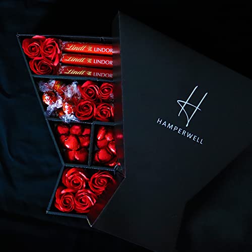 Lindt Lindor Signature Chocolate Hamper With Red Roses, Chocolate Truffles, Lindt Lindor Chocolate Bars & More in a Luxury Presentation Box