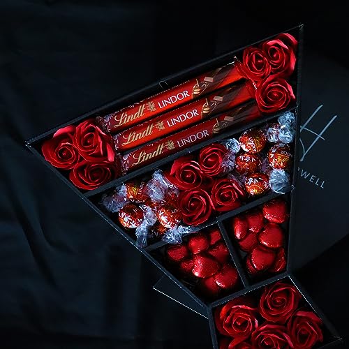 Lindt Lindor Signature Chocolate Hamper With Red Roses, Chocolate Truffles, Lindt Lindor Chocolate Bars & More in a Luxury Presentation Box