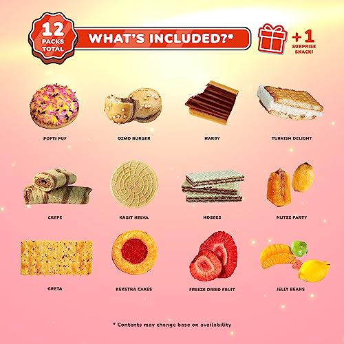 Midi Premium International Snacks Box | Premium and Exotic American Alike Retro Turkish Treats | Mix Variety Pack of Foreign Snacks and Candies | Deep Purple Space Themed Box | 12 Full-Size Snacks