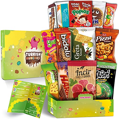 Midi Premium International Snacks Box | Premium and Exotic American Alike Retro Turkish Treats | Mix Variety Pack of Foreign Snacks and Candies | Green Galaxy Themed Box | 12 Full-Size Snacks