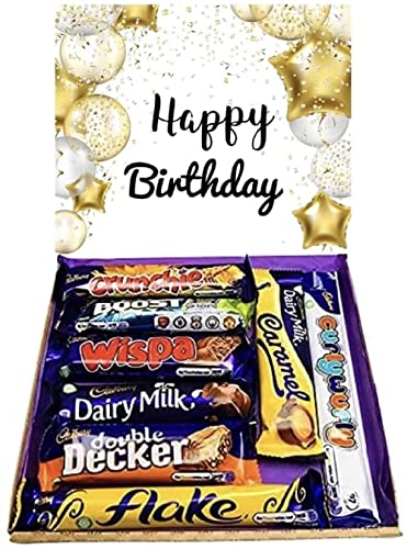 Cadburys Happy Birthday Chocolate Gift Sweet Box Hamper - 8 Full Size No Multi Pkt Dairy Milk Crunchie Curly wurly letterbox chocolate Birthday Present 13th 16th 18th 21st 30th 40th 50th 60th
