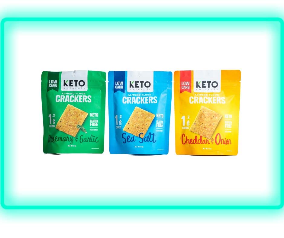Keto Crackers (Sea Salt, Rosemary & Garlic, Cheddar & Onion ) Variety Pack, Low carb Crackers, Keto Snacks, Low carb Snack, high Fibre & Gluten Free (3 x 64g Packs). Keto Snacks no Carbs no Sugar