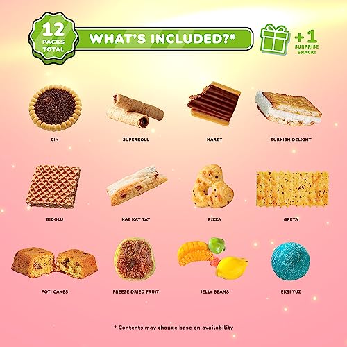 Midi Premium International Snacks Box | Premium and Exotic American Alike Retro Turkish Treats | Mix Variety Pack of Foreign Snacks and Candies | Green Galaxy Themed Box | 12 Full-Size Snacks