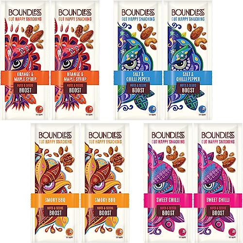 Boundless Activated Nuts and Seeds - Gut Health Mixed Nuts & Seed Mix - Taster Pack - Pecan Nuts, Almonds, Cashew Nuts, Walnuts, Sunflower Seeds, Pumpkin Seeds - Vegan Gluten Free Snacks, 8 x 25g