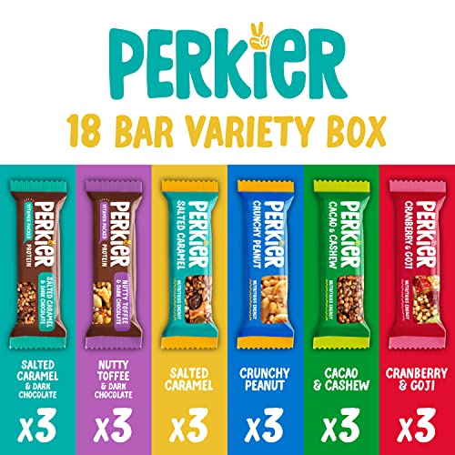 Perkier Variety Box Snack Bars (18 Pack) – Vegan – Gluten Free – Protein – High Fibre – Lower Sugar - Natural Ingredients – Lower Calorie – Healthy – No Palm Oil