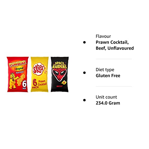 Pom-Bear Original (6 x13g Bags), Skips Prawn Cocktail (6 x13g Bags), Space Raiders Beef (6 x 13g) - 18 individual Packs Total. Low Calorie
