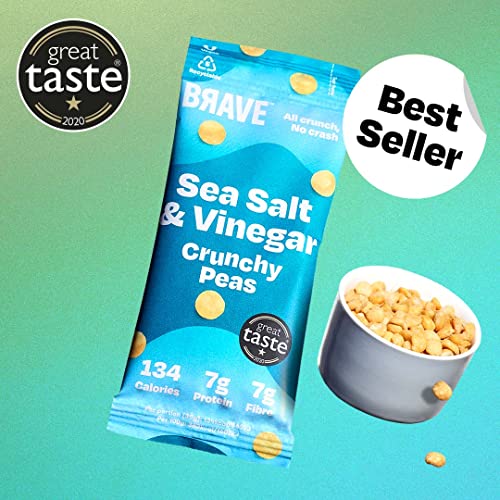 BRAVE Crunchy Peas: Sea Salt and Vinegar - Delicious Healthy Snacks - Vegan - High in Plant Protein & Fibre - Low Calorie - Plant-Based - No sugar - Box of 12 Packs (35g Each)