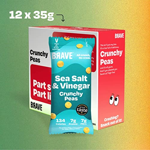 BRAVE Crunchy Peas: Sea Salt and Vinegar - Delicious Healthy Snacks - Vegan - High in Plant Protein & Fibre - Low Calorie - Plant-Based - No sugar - Box of 12 Packs (35g Each)