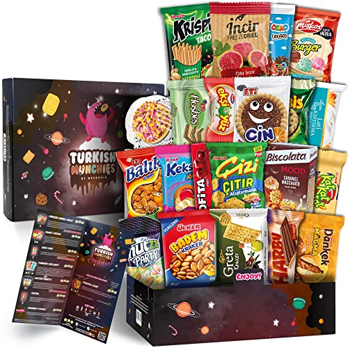 Maxi Premium International Snacks Box | Premium and Exotic American Alike Retro Turkish Treats | Mix Variety Pack of Foreign Snacks and Candies | Dark Space Themed Box | 21 Full-Size Snacks