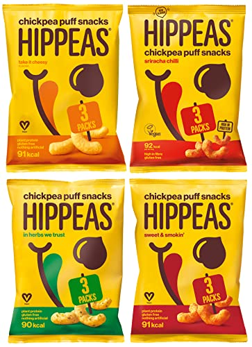 Hippeas Variety Pack Chickpea Puff Vegan Crisps | 12 x 22g Sharing Bags | Plant-Based, Source of Protein & Fibre | Free from Gluten & Artificial Flavours | Light & Crunchy - 91 calories per serving
