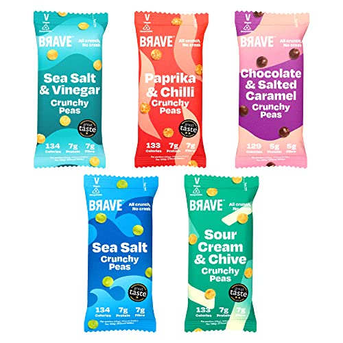 BRAVE Crunchy Peas: Sea Salt and Vinegar - Delicious Healthy Snacks - Vegan - High in Plant Protein & Fibre - Low Calorie - Plant-Based - No sugar - Box of 12 Packs (35g Each)