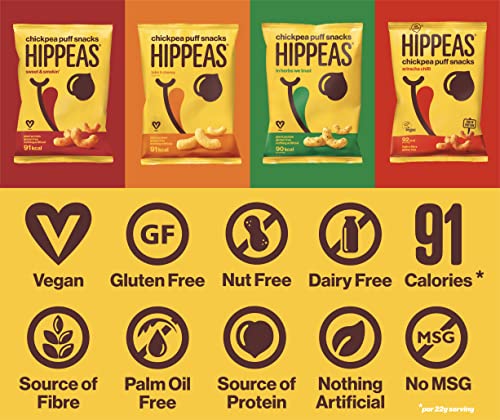 Hippeas Variety Pack Chickpea Puff Vegan Crisps | 12 x 22g Sharing Bags | Plant-Based, Source of Protein & Fibre | Free from Gluten & Artificial Flavours | Light & Crunchy - 91 calories per serving