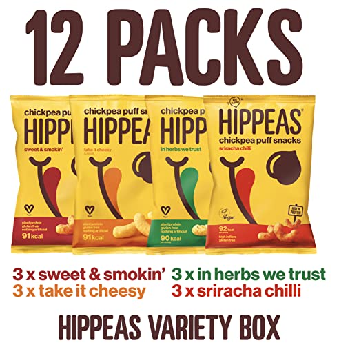 Hippeas Variety Pack Chickpea Puff Vegan Crisps | 12 x 22g Sharing Bags | Plant-Based, Source of Protein & Fibre | Free from Gluten & Artificial Flavours | Light & Crunchy - 91 calories per serving