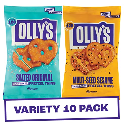 Olly's Pretzel Thins, Variety Pack, 35g (Pack of 10), Handy Snack Pouches, Healthy Plant-Based Vegan Snacks for Dipping, Low Calorie Snacks, Low Fat, Source of Fibre, No Preservatives