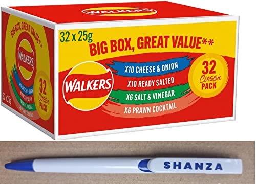 Walkers BIg Box 32x25g contains 4 Different Flavours 32pksx25g with one shanza departmental's free ball point
