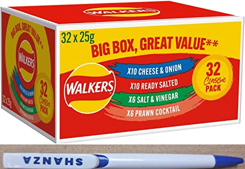 Walkers BIg Box 32x25g contains 4 Different Flavours 32pksx25g with one shanza departmental's free ball point