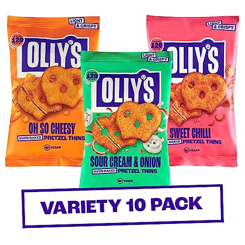 Olly's Pretzel Thins, New Variety Pack, 35g (Pack of 10), x4 Sour Cream, x3 Sweet Chilli & x3 Cheesy, Low Calorie Snacks, Low Fat, Source of Fibre, No Preservatives