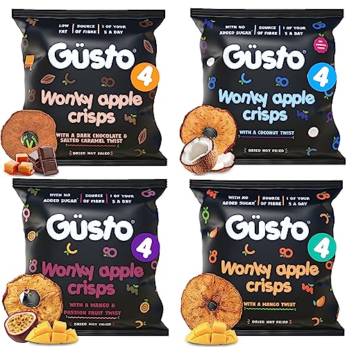 GUSTO SNACKS Crunchy Apple Crisps Variety Mix Case of 16 (20g) - Healthy Kids & Adults 100% Whole Dried Fruit Snacks - No Added Sugar, High in Fibre, Vegan, Vegetarian, Low Calorie, Gluten & Fat Free