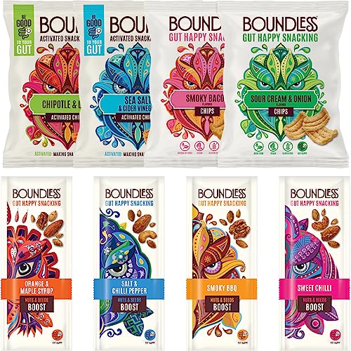 Boundless Activated Nuts and Seeds / Chips Variety Pack - Gut Health - Mixed Nuts & Seed Mix (4 x 25g) & Vegan Crisps Multipack (4 x 23g) - Savoury Vegan Protein Snacks, Gluten Free Snacks Bulk