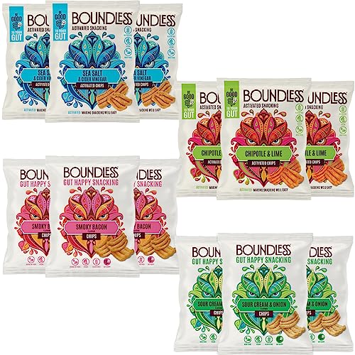 Boundless Activated Chips - Gut Health Vegan Crisps Multipack - 12 x Variety Crisps Pack, 4 x Flavours - Pea Protein Crisps - Gluten Free Snacks, Vegan Protein Snacks, Healthy Snacks Bulk - 12 x 23g