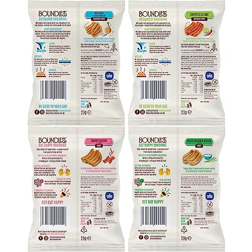 Boundless Activated Chips - Gut Health Vegan Crisps Multipack - 12 x Variety Crisps Pack, 4 x Flavours - Pea Protein Crisps - Gluten Free Snacks, Vegan Protein Snacks, Healthy Snacks Bulk - 12 x 23g