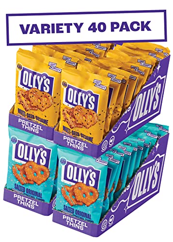 Olly's Pretzel Thins, Variety Pack, 35g (Pack of 40), Handy Snack Pouches, Healthy Plant-Based Vegan Snacks for Dipping, Low Calorie Snacks, Low Fat, Source of Fibre, No Preservatives