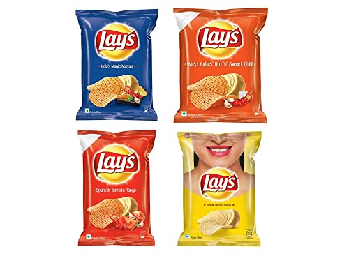 Lay's Variety Multipack Crisps 52g - Magic Masala + Spanish Tomato Tango + Classic Salted + Hot n Sweet Chilli ( Pack of 2 Each)