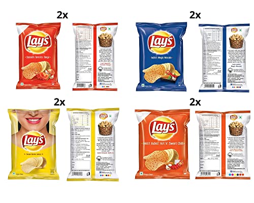 Lay's Variety Multipack Crisps 52g - Magic Masala + Spanish Tomato Tango + Classic Salted + Hot n Sweet Chilli ( Pack of 2 Each)