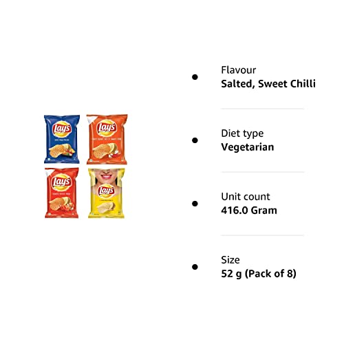 Lay's Variety Multipack Crisps 52g - Magic Masala + Spanish Tomato Tango + Classic Salted + Hot n Sweet Chilli ( Pack of 2 Each)