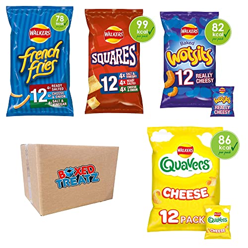 Walkers Crips Under 100 Calories Crisps Snack Box | Wotsits | Quavers | French Fries | Squares (Case of 48 Packs) Deliciously Light Walkers Snacks Selection Box Under 100 Calories Per Bag Boxed Treatz