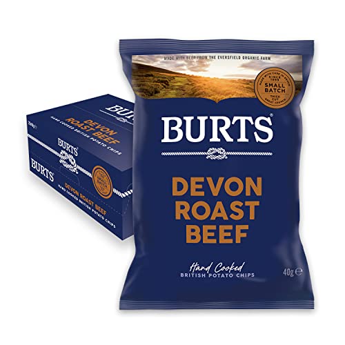 Burts Devon Roast Beef Hand Cooked Burts Crisps - 20 x 40 g Multipack Box - Gluten Free, Hydrogenated Fat Free, Non-GMO - Devon Roast Beef Burts Potato Chips