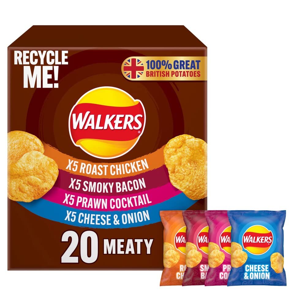 Walkers Meaty Variety Crisps 20X25g Multipack Of Walkers Meaty Variety Crisps Smoky Bacon Roast Chicken Prawn Cocktail Cheese & Onion Boxed Treatz