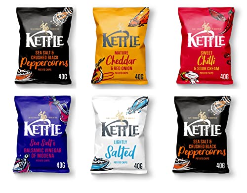 Kettle Hand cooked Crisps Premier Potato Chips Light salted Cheddar & Red Onion Sea Salt & Vinegar Black Pepper and Sweet Chilli Sour Cream 40g x 18 Packs