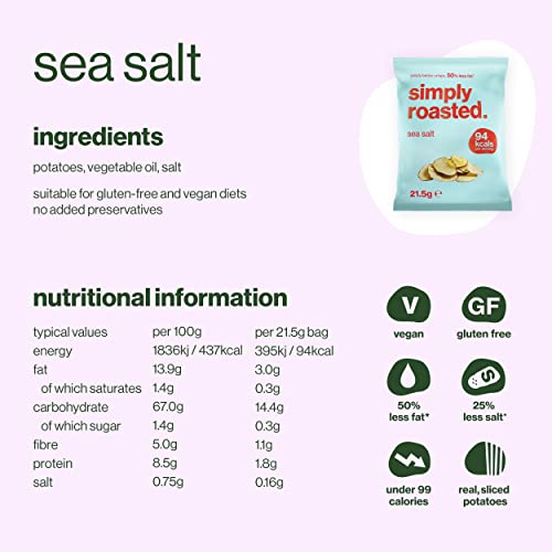 Simply Roasted: Classic Mixed Case Single Bags | 8x Sea Salt, 8x Mature Cheddar & Red Onion, 8x Sea Salt & Cider Vinegar | 50% less fat roasted potato crisps (Box of 24 x 21.5g bags)