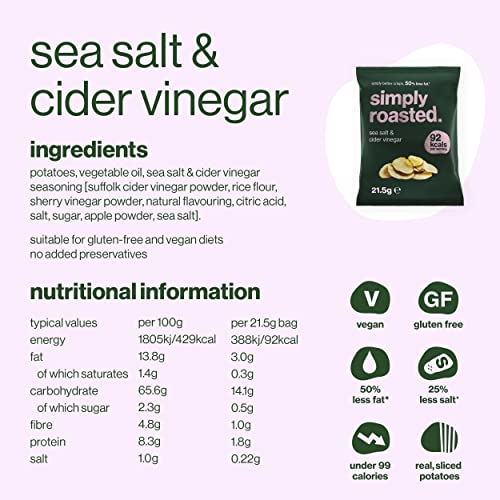 Simply Roasted: Classic Mixed Case Single Bags | 8x Sea Salt, 8x Mature Cheddar & Red Onion, 8x Sea Salt & Cider Vinegar | 50% less fat roasted potato crisps (Box of 24 x 21.5g bags)