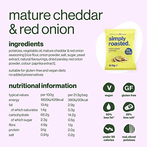 Simply Roasted: Classic Mixed Case Single Bags | 8x Sea Salt, 8x Mature Cheddar & Red Onion, 8x Sea Salt & Cider Vinegar | 50% less fat roasted potato crisps (Box of 24 x 21.5g bags)