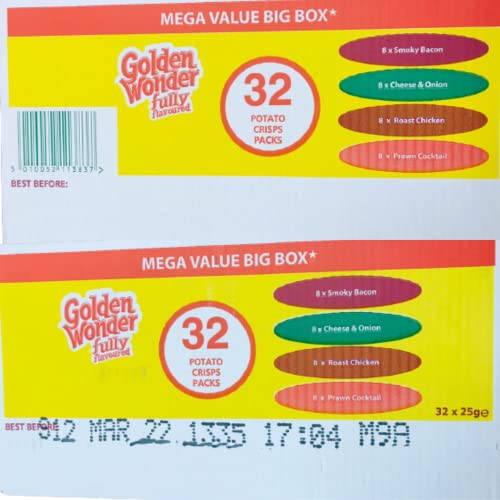 Golden Wonder Fully Flavoured 32 Potato Crisps Packs Mega value big box (32 x 25g)